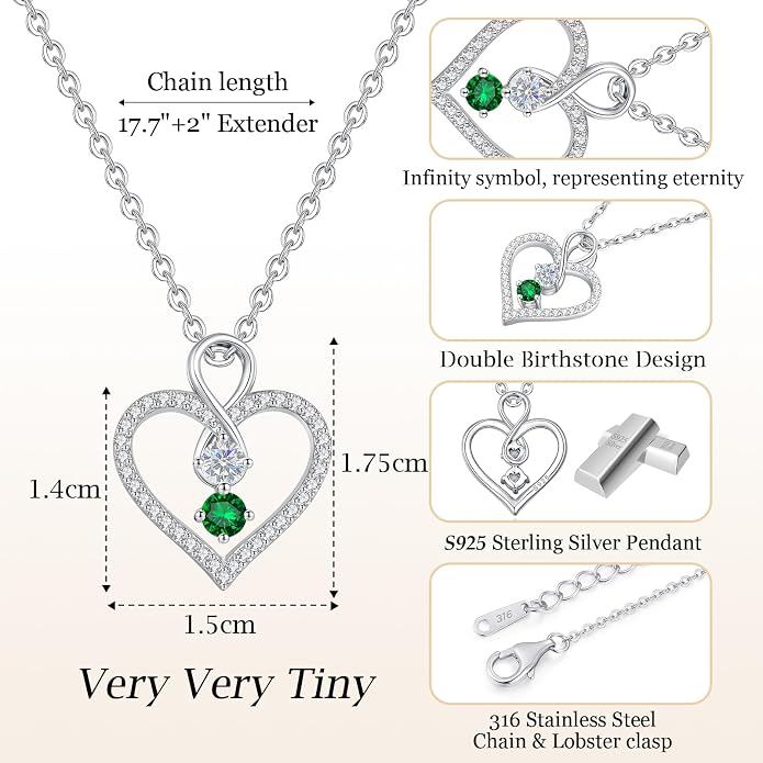 LOUISA SECRET Double Birthstone Necklaces for Women, 925 Sterling Silver Infinity Love Heart Pendant Necklace for Her, Birthday Anniversary Valentine's Day, Christmas, Wedding, Graduation Gift for Her, Personalized Gifts, Jewelry Gifts for Wife Mom Gir...