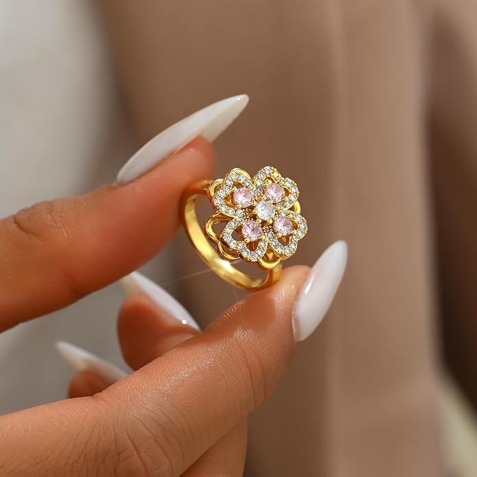 NONAMOIS Gold Rings for Women Evil Eye Flower Open Anti Anxiety Spinner Ring Adjustable Fidget Rings Jewelry Christmas Gifts