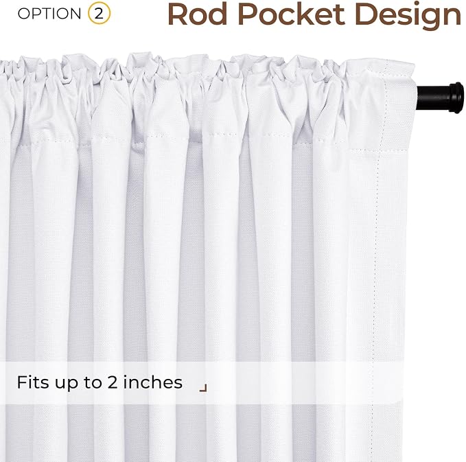 INOVADAY 100% Blackout Curtains 102 Inches Length 2 Panels Set, Back Tab/Rod Pocket Linen Black Out Curtains for Bedroom, Thermal Insulated Window Drapes - Bright White, W50 X L102