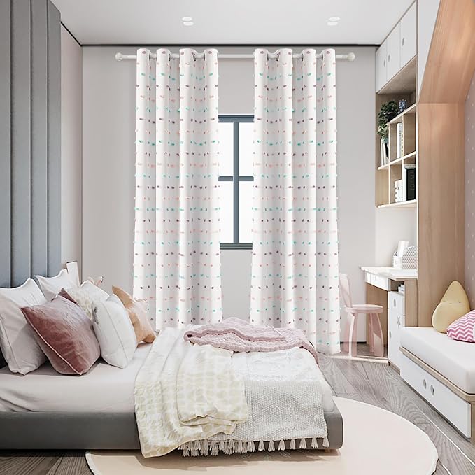 MYSKY HOME White 100% Blackout Curtains for Bedroom 72 Inch Long Light Blocking Drapes for Kids Room Thermal Insulated Room Darkening Curtains with Rainbow Pom Pom Sheer Grommet Set of 2, 52W x 72L