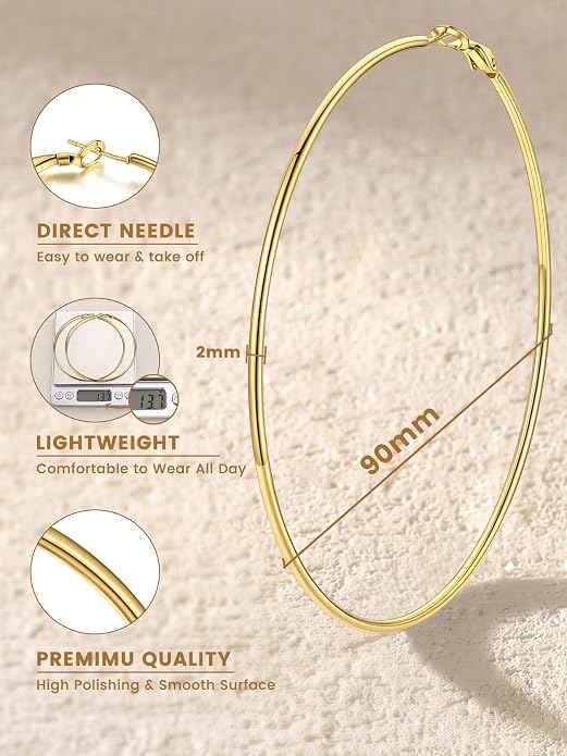 KeyStyle Gold Hoop Earrings for Women, Stainless Steel Hoops Earring Lightweight Loops, 2 mm Thick Hypoallergenic Circle Endless Thin Hoop (20/30/40/50/60/70/80/90/mm)