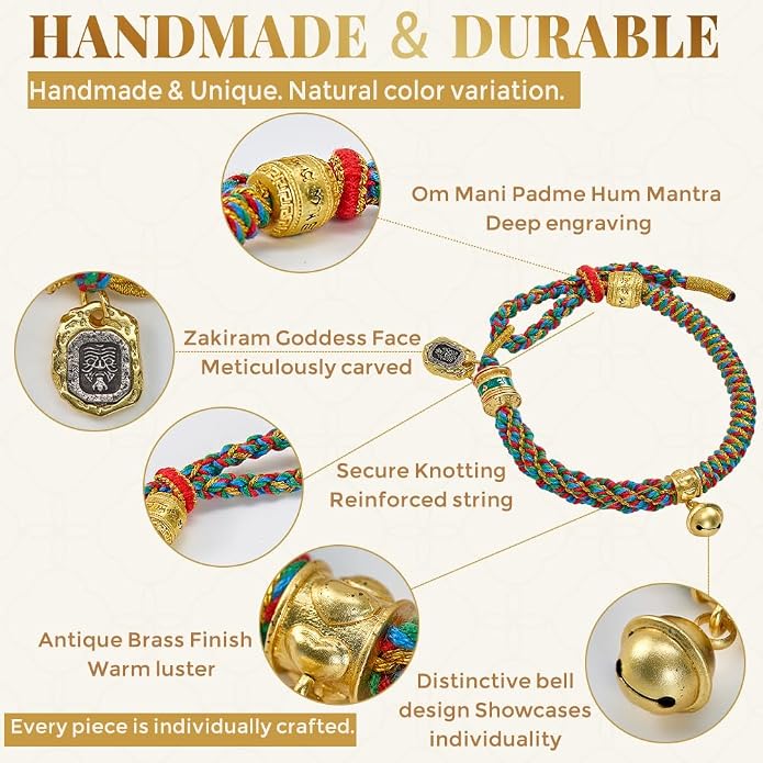 Tibetan Blessed Wealth Charm Rope Bracelet, Red String Bracelet with Om Mani Padme Hum, Carved Zakiram Goddess of Wealth Amulet Bracelet, Adjustable Buddhist Braided Lucky Peace Knot Bracelet, Includes Gift Box