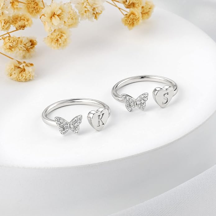 Initial Ring for Women Teens, Gold Plated Butterfly Heart Letter K Open Adjustable Ring, Dainty Alphabet Ring Jewelry Gift for Birthday