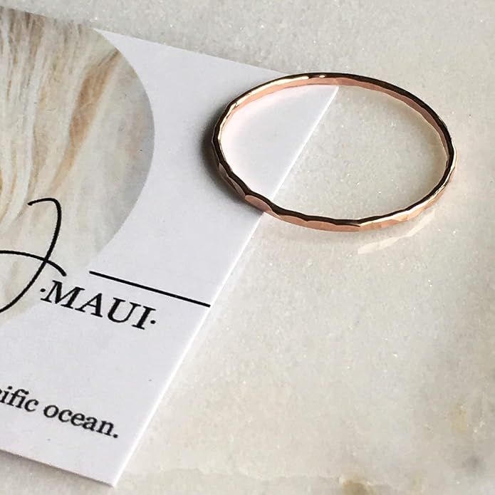 Ellie J Maui Hammered Ring, 1mm Thin Stacking Rings, Minimalist Rings for Women, 14K Gold Filled Rings for Teen Girls Midi Knuckle Pinky Finger Jewerly (Size 3-11)