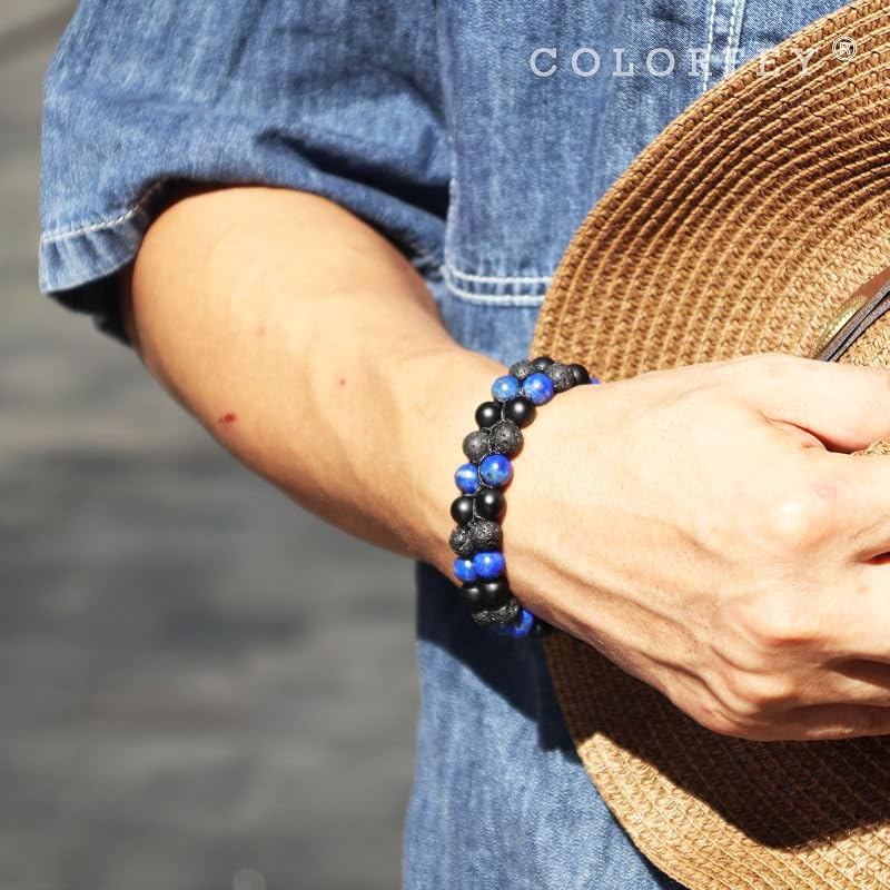Mens Crystal Bracelets Healing Bracelet Authentic Mens Bead Bracelet Real Lapis Lazuli Lava Onyx Stone Bracelets for Men, Handmade Stainless Steel Adjustable Chain Men Jewelry for Him
