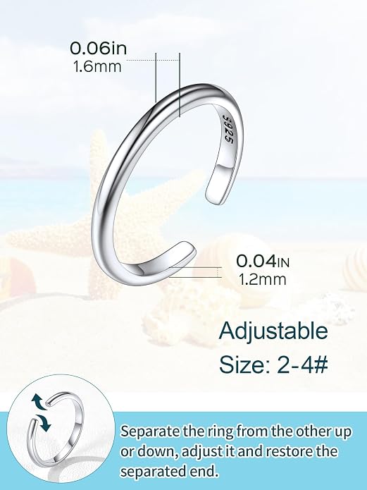 ChicSilver 925 Sterling Silver Toe Ring Minimalist Hypoallergenic Adjustable Band Ring Summer Beach Bare Foot Jewelry