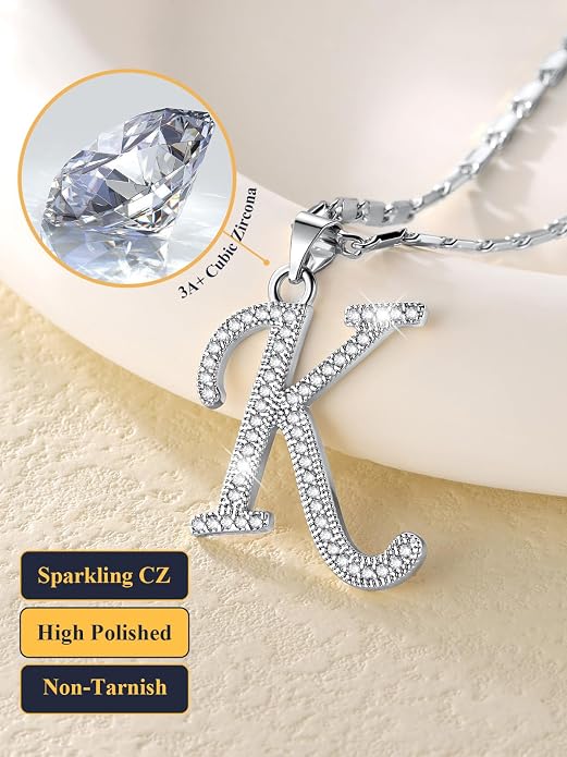 U7 Initial Necklace for Women, Gold/Platinum Plated CZ Crystal Letter A-Z Pendant Necklace, Shiny 20 Inch Name Chain Dainty Personalized Jewelry for Men Mom Wife Friend
