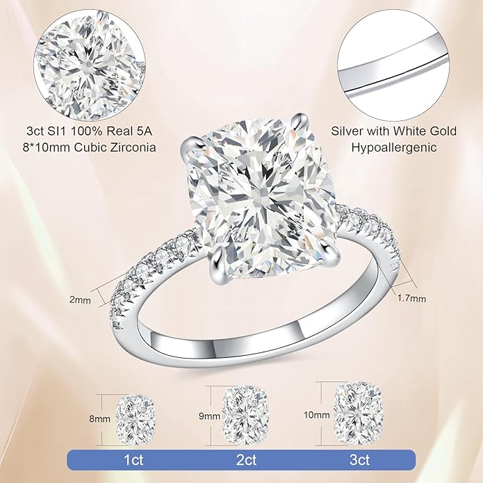 AVECON 3CT/5CT Elongated Cushion Cut Engagement Ring for Women, Wedding Promise Cubic Zirconia Band, White Gold Plated Bridal Half Eternity Rings with 4 Prong, Size 5-9