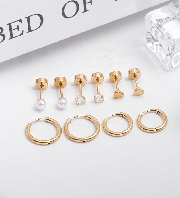 MJust Titanium Earrings for Sensitive Ears 20G Hypoallergenic Stud Hoop Earrings for Women Men Opal Ball CZ Heart Pearl Flat Back Earrings Cartilage Earrings Set
