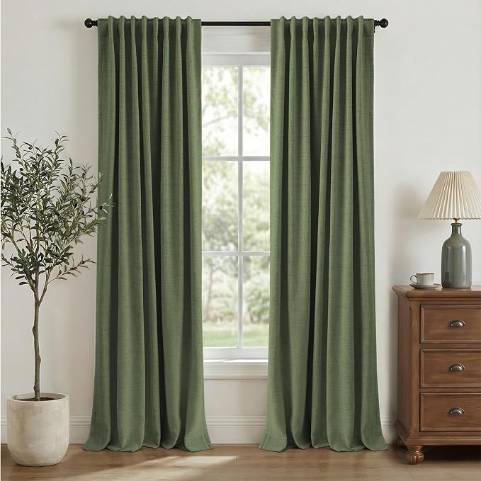 INOVADAY 100% Blackout Curtains 96 Inches Length 2 Panels Set, Back Tab/Rod Pocket Linen Black Out Curtains for Bedroom, Thermal Insulated Window Drapes - Olive Green, W50 X L96