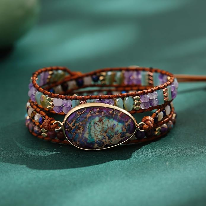 Plumiss Women Boho Handmade Natural Stone Crystal Leather Bead Wrap Bracelets Collection