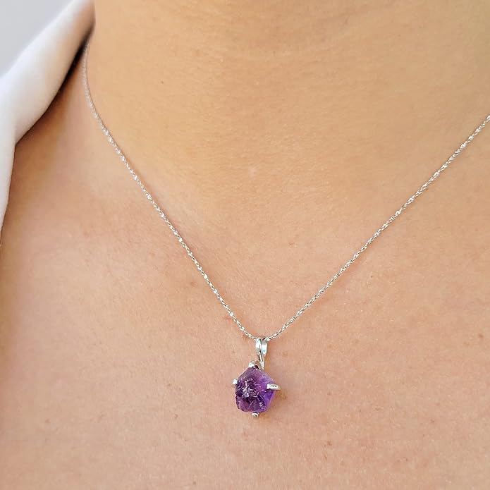 Natural raw gemstone pendant chain necklace with white gold over 925 solid sterling silver, birthstone dainty solitaire gift for her, uniquelan jewelry