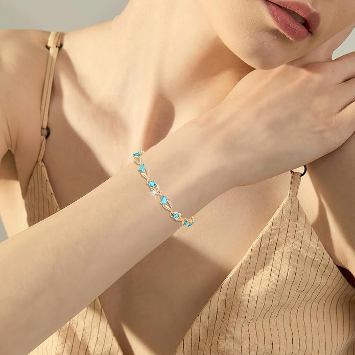 Richapex Diamond Tennis Bracelet for Women, Eternity Bracelet Blue Cubic Zirconia, Sapphire Bracelet, 18K Gold Plated Hypoallergenic Bracelets -7.48inch/190mm