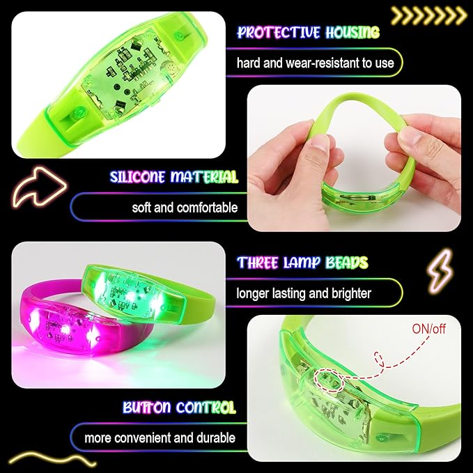 JellyArch 16 Pcs LED Glow Bracelets, Sound Activated LED Bracelets, Music Control Glow in The Dark Party Favors for Wedding, Raves, Concert, Camping, sporting Events, Party (Radiant Colors)