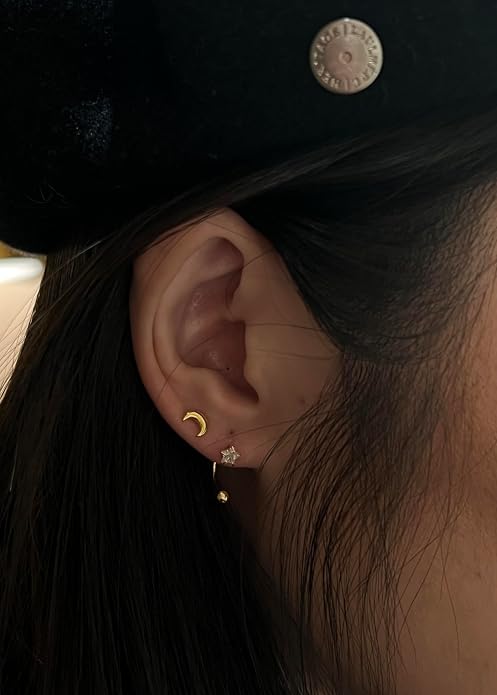 COSMO CARAT 14K Gold Plated Nap Earrings 925 Sterling Silver Star Moon CZ Stud Earrings Screw Back Hypoallergenic Celestial Tiny Cartilage Helix Second Piercing Earrings For Women