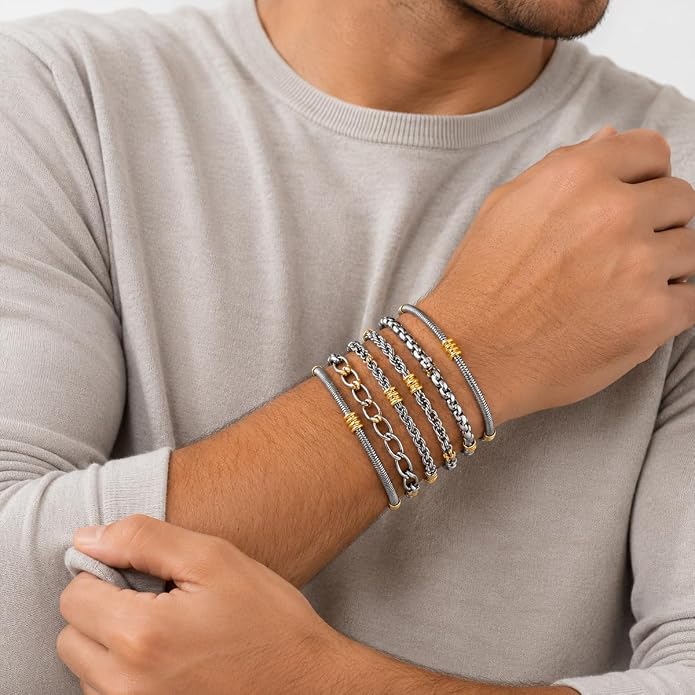 6Pcs Men's Bracelet Set, Waterproof Tarnish Resistant Stainless Steel Chain Bracelets for Men, Silver and Gold Stackable Cuban Link Snake Chain Jewelry Gift for Him, Fits 7.5-8 Inch Wrist
