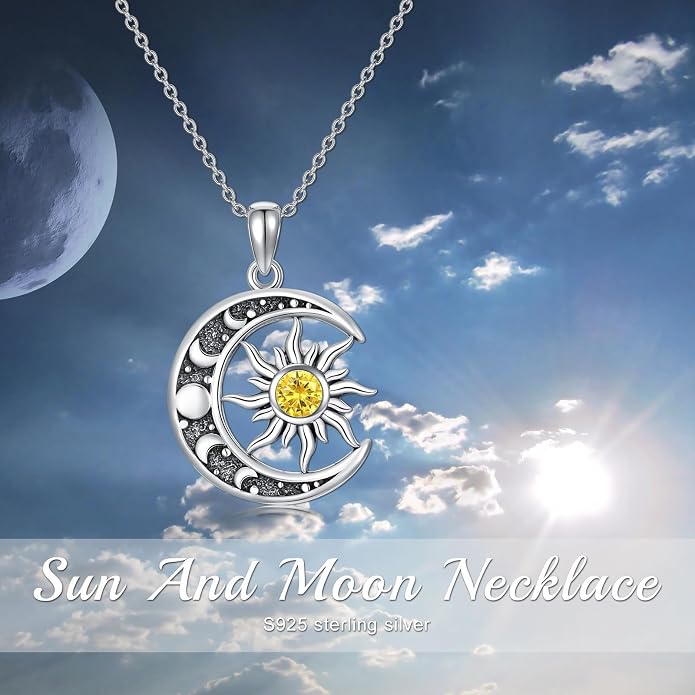 Sun and Moon Necklace 925 Sterling Silver Sun Moon Pendant Gemstone Jewelry Gifts for Women
