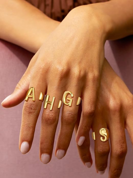 Suplight Nikel Free 18K Gold Plated Letter Rings, Fashion Monogram Jewelry Statement A-Z Wide Name Initial Alphabet Adjustable Open Ring for Women
