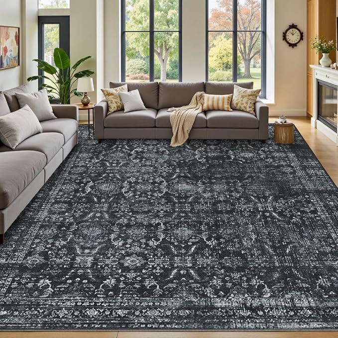 Rugxara Black 9x12 Area Rugs for Living Room Bedroom Large Washable Rug | Non Slip, Rug for Dining Room Office Farmhouse, Stain Resistant, Soft, Low Pile, Vintage Boho Retro Carpet, Home Decor