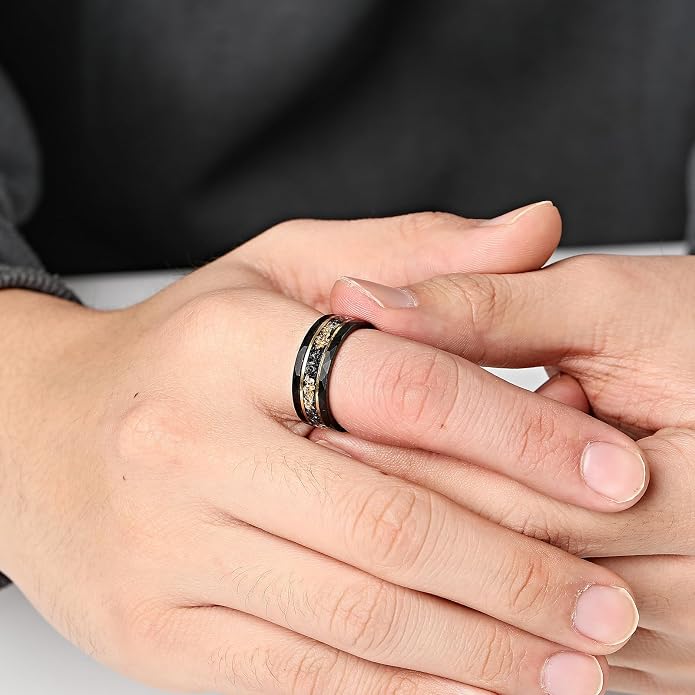 Mens Tungsten Carbide Wedding Bands 8mm Black Hammered Edge Gold Foil Inly Durable Scratch Proof Stainless Steel Cool Promise Ring for Him Comfort Fit