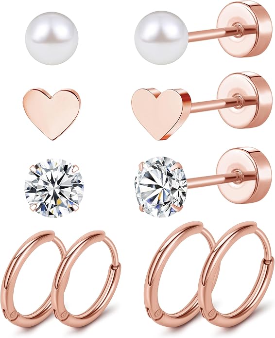 MJust Titanium Earrings for Sensitive Ears 20G Hypoallergenic Stud Hoop Earrings for Women Men Opal Ball CZ Heart Pearl Flat Back Earrings Cartilage Earrings Set