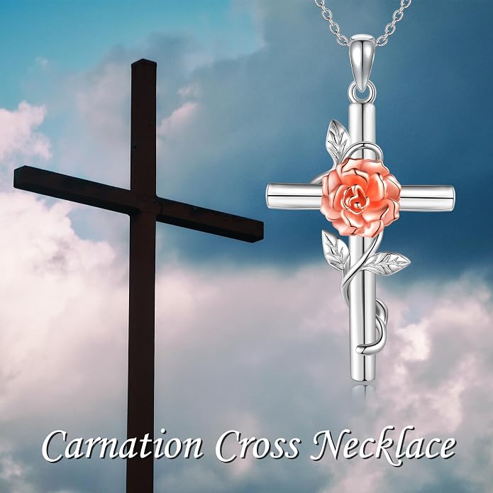 Flower Cross Necklace 925 Sterling Silver Carnation/Rose/Lily/Daisy Cross Necklace Birth Flower Jewelry for Women