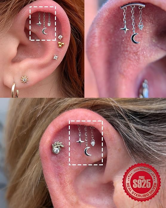 Sterling Silver 925 Flat Back Earring for Women Hidden Helix Piercing Jewelry 16G Star Moon Dangle Cartilage Internally Threaded Tragus Conch Stud Screw Cubic Zirconia Ear Ring