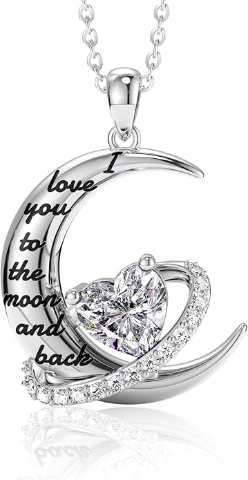 Distance I Love You to The Moon and Back Necklace for Women, S925 Sterling Silver Forever Love Heart Birthstone Necklace, Anniversary Birthday Jewelry for Wife Lover