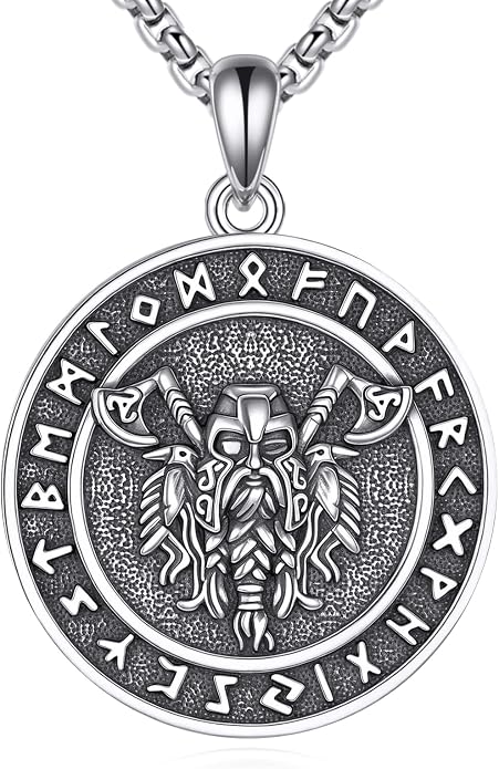 Viking Odin Necklace for Men 925 Sterling Silver Norse Odin Pendant Viking Runes Amulet Necklace Pagan Jewelry Gifts for Husband