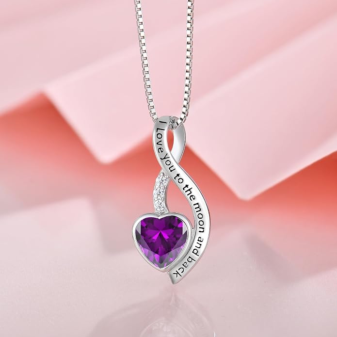 I Love You to The Moon and Back Necklace for Women, 925 Sterling Silver Heart Birthstone Pendant Necklace Jewelry Anniversary Birthday Gifts for Girls Women Wife Mom Daughter