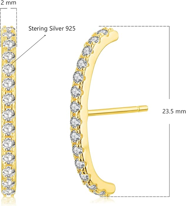 18K Gold Plated Sterling Silver Paved Gemstone Curved Bar Ear Cuffs Suspender Earrings CZ Huggie Earrings