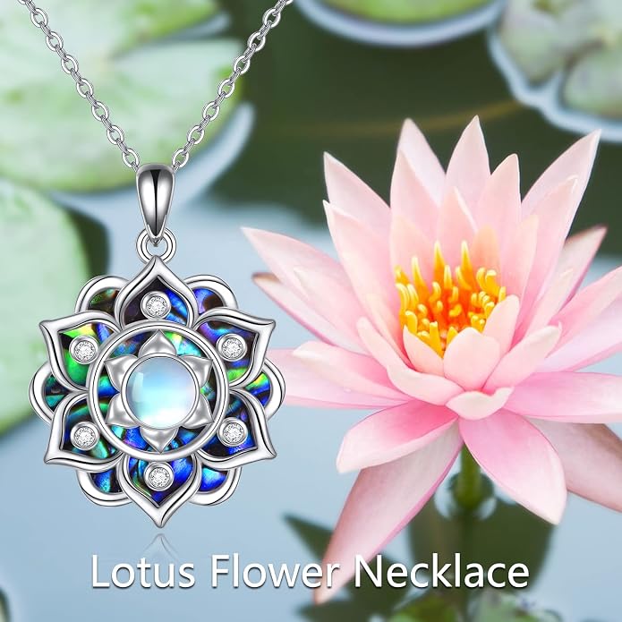 ONEFINITY Lotus Necklace 925 Sterling Silver Moonstone Pendant Necklace Yoga Lotus Jewelry for Women