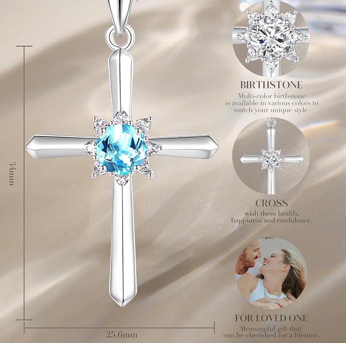 FANCIME Birthstone Cross Necklace for Women Sterling Silver Birthstone Necklace Halo Infinity Cross Pendant Necklace Fine Jewelry Valentines Day Gifts Birthday Holiday Gifts for Her, 16"+2" Inches