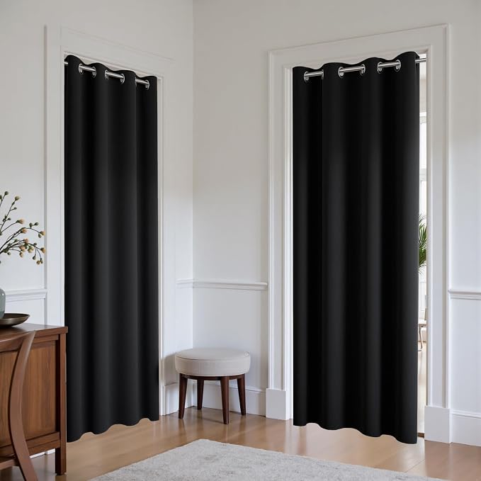 KOUFALL Closet Door Curtain Without Door,Insulated Thermal 78 Inch Long Black Pleated Curtains Alternative to Accordion Door