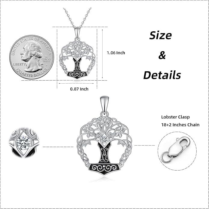 Tree of Life Thor Hammer Pendant Necklace for Women Sterling Silver S925 Jewelry for Women US1