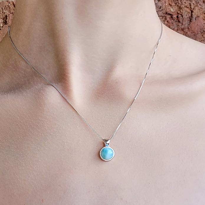 Natural gemstone 8mm round pendant with white gold over 925 sterling silver bezel cabochon plate and box chain, real genuine dainty birthstone gift for her, uniquelan jewelry