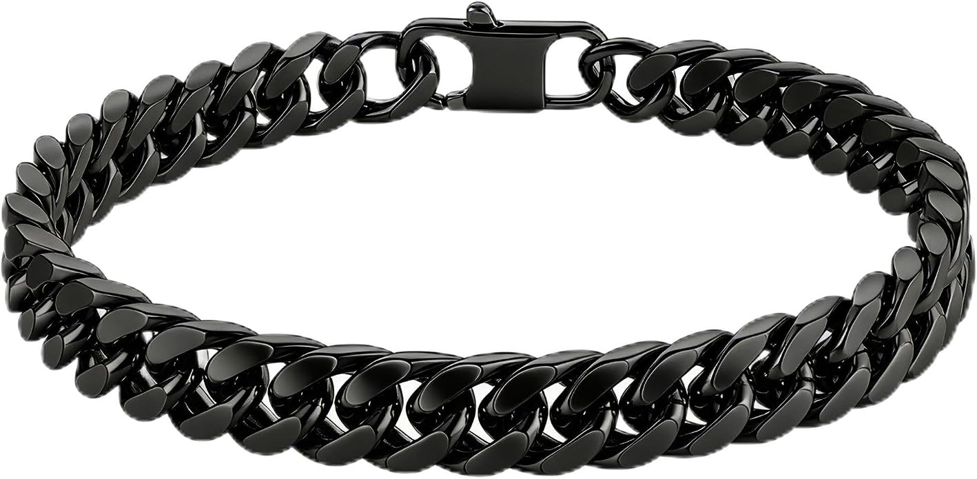 8.5mm Mens Silver Black 316L Diamond-cut Stainless Steel Cuban Link Chain Bracelet for Men, Durable Classic Wrist Jewelry, Gift for Him