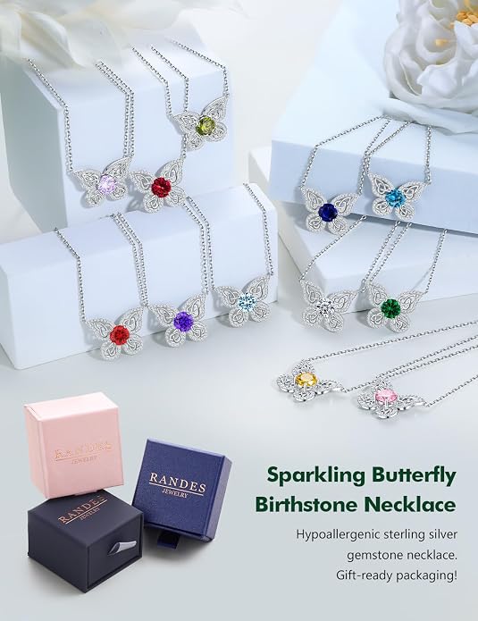 925 Sterling Silver Birthstone Necklaces for Women, Dainty Cute Dragonfly/Butterfly Pendant Necklace, Great Christmas/Anniversary Jewelry for Mother