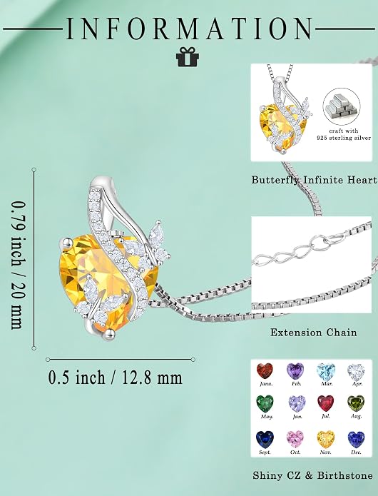 Butterfly Necklaces for Women Sterling Silver Infinity Heart Pendant Birthstone Jewelry Gift with 14k Yellow Gold/Rose Gold Plated