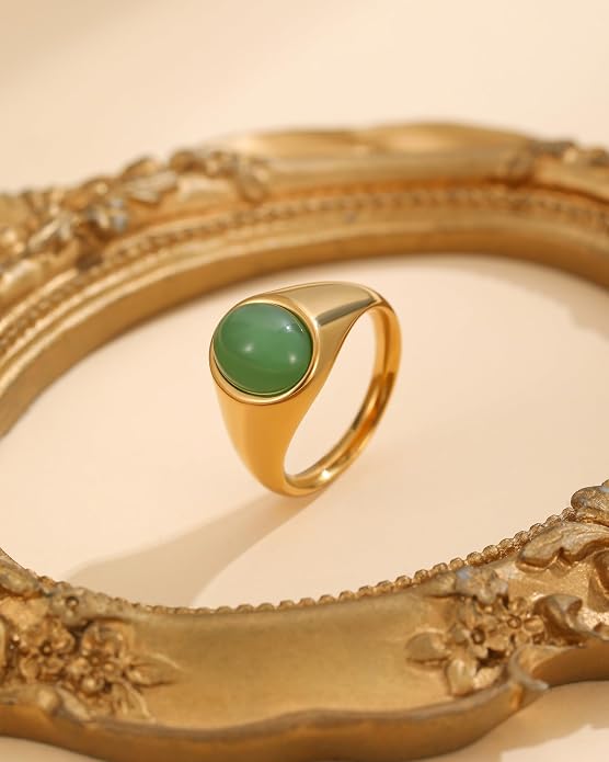 YeGieonr Gold Signet Rings for Women Non Tarnish Gold Rings, Waterproof Gemstones Statement Ring, 18K Gold Plated Stainless Steel Gem Stone Jewelry Gift for Everyday Wear