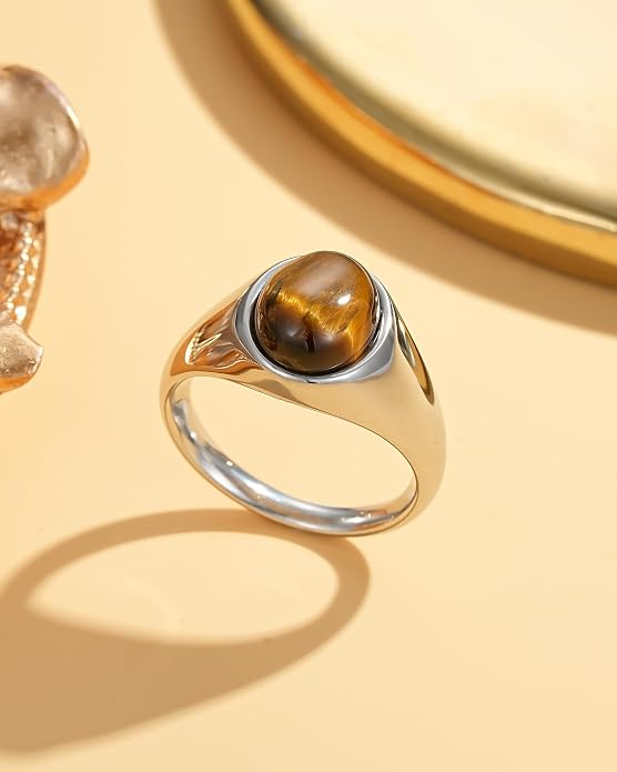YeGieonr Gold Signet Rings for Women Non Tarnish Gold Rings, Waterproof Gemstones Statement Ring, 18K Gold Plated Stainless Steel Gem Stone Jewelry Gift for Everyday Wear