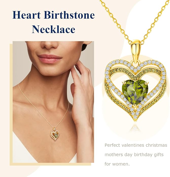 Anniversary Charm Necklace, Sterling Silver 14K Gold Plated Chain with Interlocking Heart Pendant Elegant Birthstone Necklaces for Women, Length 18"