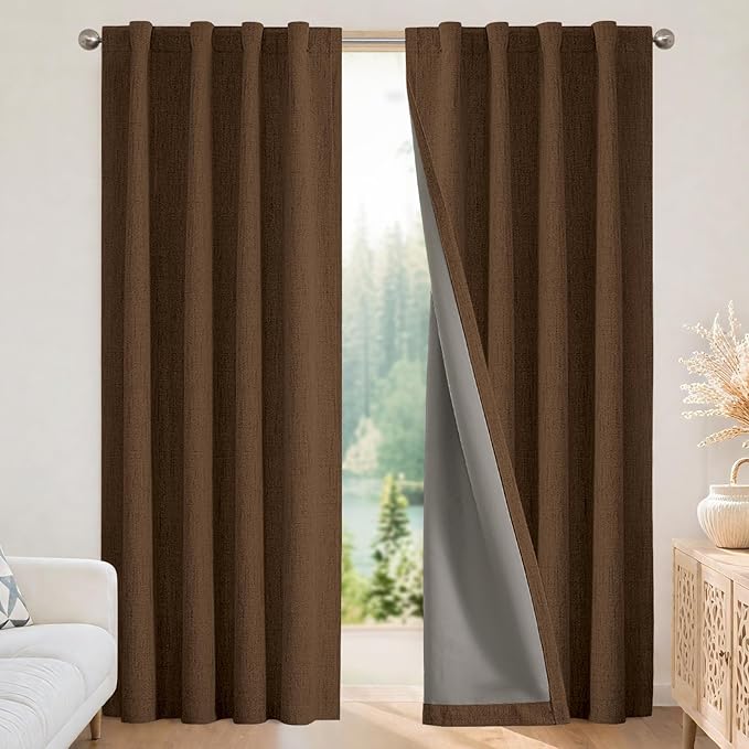 Joydeco Blackout Curtains for Bedroom - 100% Light Blocking 2 Panels Cappuccino Drapes 42" W x 63" L, Thermal Insulated Room Darkening Curtains, Linen Textured for Living Room, Rod Pocket & Back Tabs