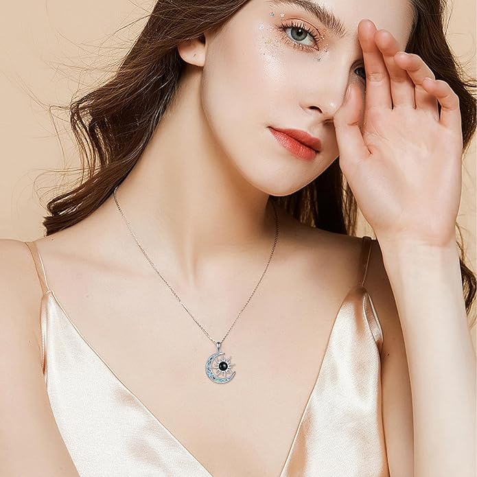 Sun and Moon Necklace for Women 925 Sterling Silver Celtic Crescent Moon Pendant Blue Opal/White Opal/Abelone Shell/Labradorite/Moonstone Jewelry Gift for Teen Girls