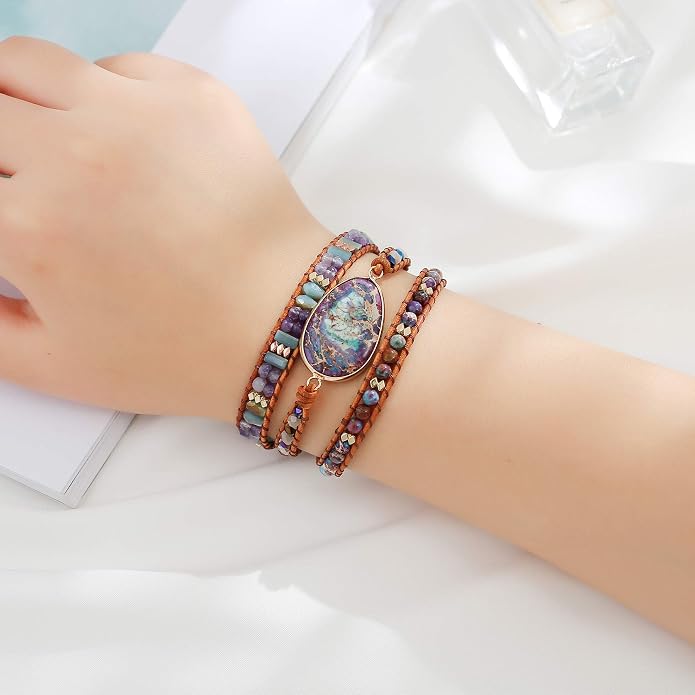 Plumiss Women Boho Handmade Natural Stone Crystal Leather Bead Wrap Bracelets Collection