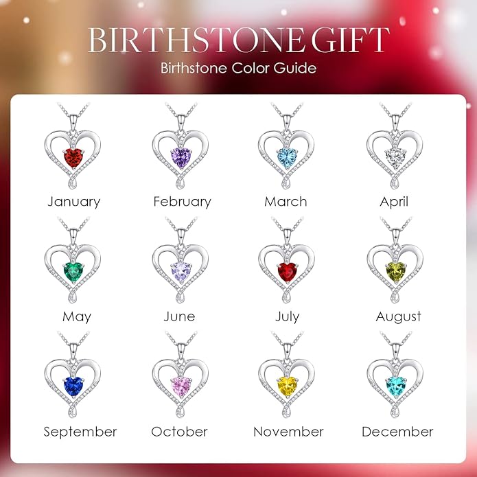Birthstone Necklace for Women, 18K White Gold Heart Necklace Filled 925 Sterling Silver, Diamond Womens Jewelry Christmas Gifts for Women Wife