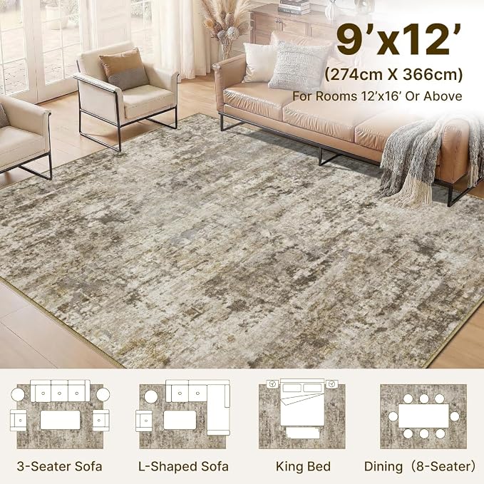 9x12 Area Rugs Washable Living Room Rug-No Slip Soft Carpets Modern Abstract Indoor Floor Stain Resistant Large Carpet for Bedroom Dining Room Farmhouse Nursery Home Office Brown