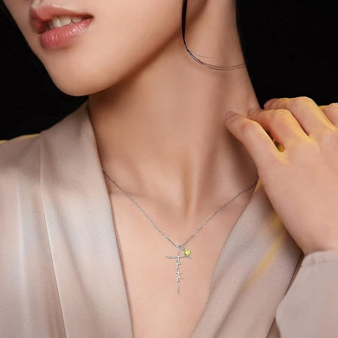 PRAYMOS Faith Cross Necklace for Women 925 Sterling Silver Pendant Necklace With Birthstone Initial Christian Religious Confirmation Baptism Mothers Day Gifts