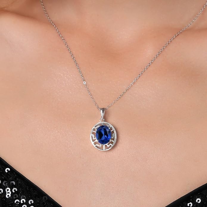 Gem Stone King 925 Sterling Silver 10X8MM Oval Gemstone Birthstone Necklace | Greek Key Pendant Necklace for Women | With 18 Inch Silver Chain
