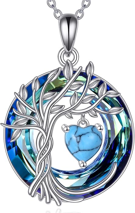 POPLYKE Mothers Day Gifts for Mom Her Wife Tree of Life Necklace 925 Sterling Silver Birthstone Pendant with Crystal Anniversary Birthday Wedding Jewelry for Women